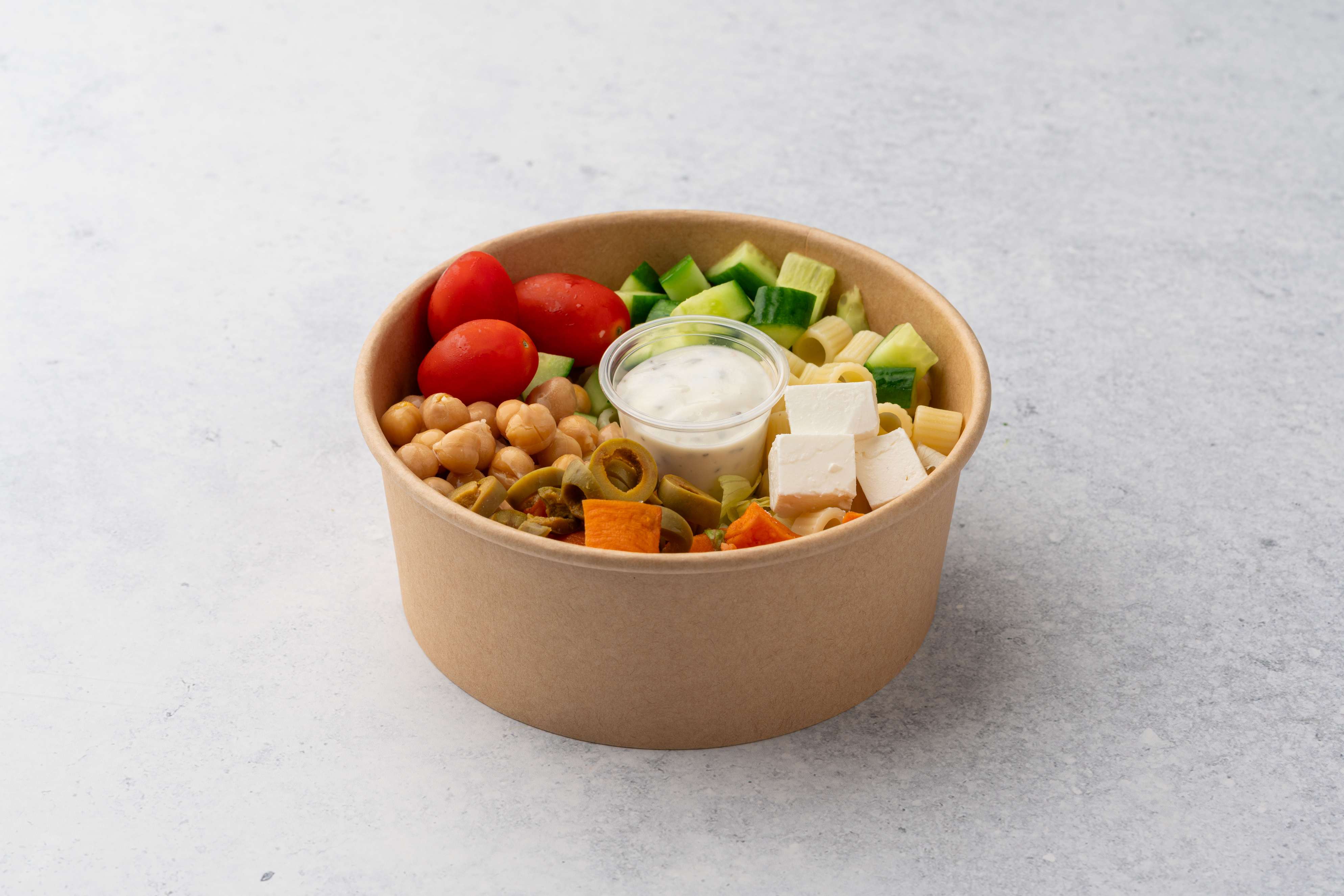 Pasta Chickpeas Salad With Feta Cheese And Tahini Yogurt Sauce